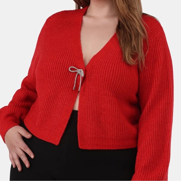 Red Women's Cardigan Sweater with Sparkly Bow - Picture 10 of 10